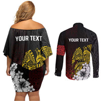 Personalized Papua New Guinea 50th Independence Anniversary Couples Matching Off Shoulder Short Dress and Long Sleeve Button Shirt Oro Tapa Mix Plumeria LT7 - Polynesian Pride