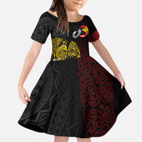 Personalized Papua New Guinea 50th Independence Anniversary Kid Short Sleeve Dress Oro Tapa Mix Plumeria LT7 KID Black - Polynesian Pride