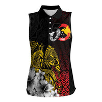 Personalized Papua New Guinea 50th Independence Anniversary Women Sleeveless Polo Shirt Oro Tapa Mix Plumeria LT7 Female Black - Polynesian Pride