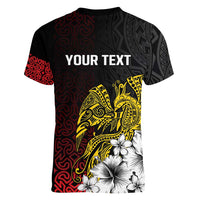 Personalized Papua New Guinea 50th Independence Anniversary Women V-Neck T-Shirt Oro Tapa Mix Plumeria LT7 - Polynesian Pride
