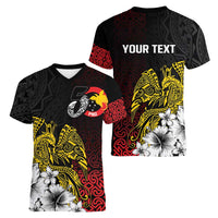 Personalized Papua New Guinea 50th Independence Anniversary Women V-Neck T-Shirt Oro Tapa Mix Plumeria LT7 - Polynesian Pride