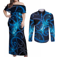 New Zealand Maori Matariki Couples Matching Off Shoulder Maxi Dress and Long Sleeve Button Shirt Galaxy Kowhaiwhai LT7 Galaxy - Polynesian Pride