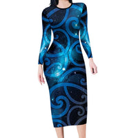 New Zealand Maori Matariki Long Sleeve Bodycon Dress Galaxy Kowhaiwhai LT7 Long Dress Galaxy - Polynesian Pride