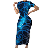 New Zealand Maori Matariki Short Sleeve Bodycon Dress Galaxy Kowhaiwhai LT7 Long Dress Galaxy - Polynesian Pride