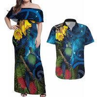 Tui Bird New Zealand Starry Sky Couples Matching Off Shoulder Maxi Dress and Hawaiian Shirt Maori Koru LT7 Galaxy - Polynesian Pride