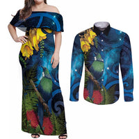 Tui Bird New Zealand Starry Sky Couples Matching Off Shoulder Maxi Dress and Long Sleeve Button Shirt Maori Koru LT7 Galaxy - Polynesian Pride