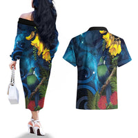 Tui Bird New Zealand Starry Sky Couples Matching Off The Shoulder Long Sleeve Dress and Hawaiian Shirt Maori Koru LT7 - Polynesian Pride