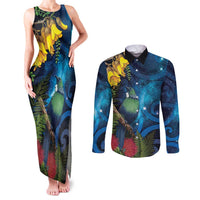 Tui Bird New Zealand Starry Sky Couples Matching Tank Maxi Dress and Long Sleeve Button Shirt Maori Koru LT7 Galaxy - Polynesian Pride