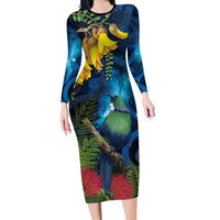 Tui Bird New Zealand Starry Sky Long Sleeve Bodycon Dress Maori Koru LT7 Long Dress Galaxy - Polynesian Pride