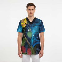 Tui Bird New Zealand Starry Sky Scrub Top Maori Koru