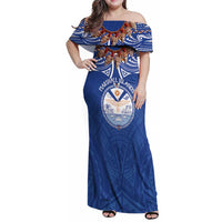 Yokwe Marshall Islands Personalized Family Matching Off Shoulder Maxi Dress and Hawaiian Shirt Jemenei Day - Seashell Necklace LT7 Mom's Dress Blue - Polynesian Pride