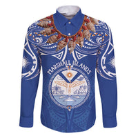 Yokwe Marshall Islands Personalized Family Matching Puletasi and Hawaiian Shirt Jemenei Day - Seashell Necklace LT7 Dad's Shirt - Long Sleeve Blue - Polynesian Pride