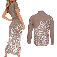 Polynesia Couples Matching Short Sleeve Bodycon Dress and Long Sleeve Button Shirts Plumeria Beige Curves LT7 - Polynesian Pride