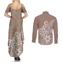 Polynesia Couples Matching Summer Maxi Dress and Long Sleeve Button Shirts Plumeria Beige Curves LT7 - Polynesian Pride