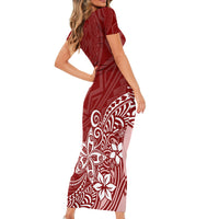 Polynesia Short Sleeve Bodycon Dress Plumeria Red Curves LT7 - Polynesian Pride