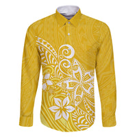 Hawaii Family Matching Outfits Polynesia Off Shoulder Maxi Dress And Shirt Family Set Clothes Plumeria Yellow Curves LT7 Dad's Shirt - Long Sleeve Yellow - Polynesian Pride