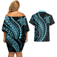Polynesian Pride Couples Matching Off Shoulder Short Dress and Hawaiian Shirt Turtle Hibiscus Luxury Style - Aquamarine LT7 - Polynesian Pride