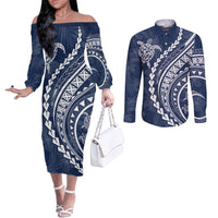 Polynesian Pride Couples Matching Off The Shoulder Long Sleeve Dress and Long Sleeve Button Shirts Turtle Hibiscus Luxury Style - Navy LT7 Navy - Polynesian Pride
