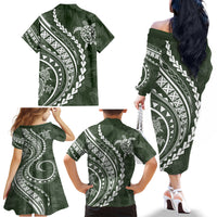 Hawaii Family Matching Outfits Polynesian Pride Off Shoulder Long Sleeve Dress And Shirt Family Set Clothes Turtle Hibiscus Luxury Style - Sage LT7 - Polynesian Pride
