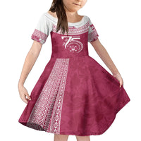 Personalised Fiji Adi Cakobau School Family Matching Off Shoulder Long Sleeve Dress and Hawaiian Shirt ACS Old Girls Lotus Mix Masi LT7 Daughter's Dress Crimson - Polynesian Pride