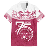 Personalised Fiji Adi Cakobau School Family Matching Puletasi Dress and Hawaiian Shirt ACS Old Girls Lotus Mix Masi LT7 Dad's Shirt - Short Sleeve Crimson - Polynesian Pride