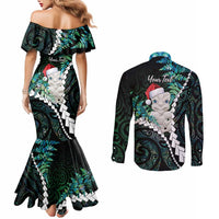 New Zealand Personalised Couples Matching Mermaid Dress and Long Sleeve Button Shirt Meri Kirihimete Kowhaiwhai Mix Paua Shell - Emerald LT7 - Polynesian Pride