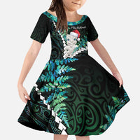 New Zealand Personalised Family Matching Off Shoulder Maxi Dress and Hawaiian Shirt Meri Kirihimete Kowhaiwhai Mix Paua Shell - Emerald LT7 Daughter's Dress Green - Polynesian Pride