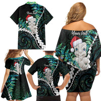 New Zealand Personalised Family Matching Off Shoulder Short Dress and Hawaiian Shirt Meri Kirihimete Kowhaiwhai Mix Paua Shell - Emerald LT7 - Polynesian Pride