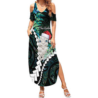 New Zealand Personalised Family Matching Summer Maxi Dress and Hawaiian Shirt Meri Kirihimete Kowhaiwhai Mix Paua Shell - Emerald LT7 Mom's Dress Green - Polynesian Pride