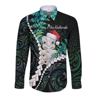 New Zealand Personalised Long Sleeve Button Shirt Meri Kirihimete Kowhaiwhai Mix Paua Shell - Emerald LT7 Unisex Green - Polynesian Pride
