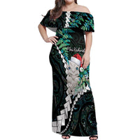 New Zealand Personalised Off Shoulder Maxi Dress Meri Kirihimete Kowhaiwhai Mix Paua Shell - Emerald LT7 Women Green - Polynesian Pride