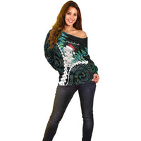 New Zealand Personalised Off Shoulder Sweater Meri Kirihimete Kowhaiwhai Mix Paua Shell - Emerald LT7 - Polynesian Pride