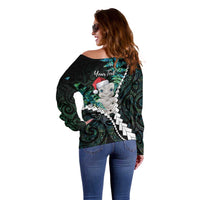 New Zealand Personalised Off Shoulder Sweater Meri Kirihimete Kowhaiwhai Mix Paua Shell - Emerald LT7 - Polynesian Pride