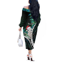 New Zealand Personalised Off The Shoulder Long Sleeve Dress Meri Kirihimete Kowhaiwhai Mix Paua Shell - Emerald LT7 - Polynesian Pride