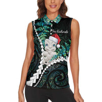 New Zealand Personalised Women Sleeveless Polo Shirt Meri Kirihimete Kowhaiwhai Mix Paua Shell - Emerald LT7 - Polynesian Pride