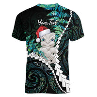 New Zealand Personalised Women V-Neck T-Shirt Meri Kirihimete Kowhaiwhai Mix Paua Shell - Emerald LT7 - Polynesian Pride