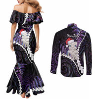 New Zealand Personalised Couples Matching Mermaid Dress and Long Sleeve Button Shirt Meri Kirihimete Kowhaiwhai Mix Paua Shell - Amethys LT7 - Polynesian Pride