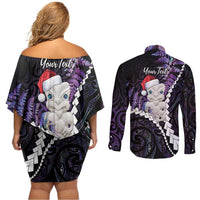 New Zealand Personalised Couples Matching Off Shoulder Short Dress and Long Sleeve Button Shirt Meri Kirihimete Kowhaiwhai Mix Paua Shell - Amethys LT7 - Polynesian Pride