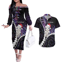 New Zealand Personalised Couples Matching Off The Shoulder Long Sleeve Dress and Hawaiian Shirt Meri Kirihimete Kowhaiwhai Mix Paua Shell - Amethys LT7 Purple - Polynesian Pride