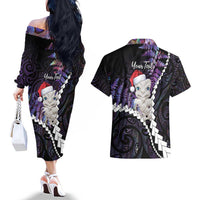 New Zealand Personalised Couples Matching Off The Shoulder Long Sleeve Dress and Hawaiian Shirt Meri Kirihimete Kowhaiwhai Mix Paua Shell - Amethys LT7 - Polynesian Pride