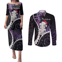 New Zealand Personalised Couples Matching Puletasi and Long Sleeve Button Shirt Meri Kirihimete Kowhaiwhai Mix Paua Shell - Amethys LT7 Purple - Polynesian Pride