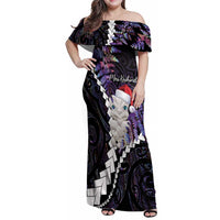 New Zealand Personalised Family Matching Off Shoulder Maxi Dress and Hawaiian Shirt Meri Kirihimete Kowhaiwhai Mix Paua Shell - Amethys LT7 Mom's Dress Purple - Polynesian Pride