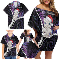 New Zealand Personalised Family Matching Off Shoulder Short Dress and Hawaiian Shirt Meri Kirihimete Kowhaiwhai Mix Paua Shell - Amethys LT7 - Polynesian Pride
