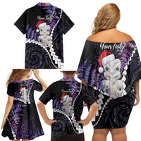 New Zealand Personalised Family Matching Off Shoulder Short Dress and Hawaiian Shirt Meri Kirihimete Kowhaiwhai Mix Paua Shell - Amethys LT7 - Polynesian Pride