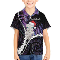 New Zealand Personalised Family Matching Short Sleeve Bodycon Dress and Hawaiian Shirt Meri Kirihimete Kowhaiwhai Mix Paua Shell - Amethys LT7 Son's Shirt Purple - Polynesian Pride
