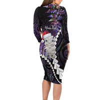 New Zealand Personalised Long Sleeve Bodycon Dress Meri Kirihimete Kowhaiwhai Mix Paua Shell - Amethys LT7 - Polynesian Pride