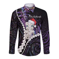 New Zealand Personalised Long Sleeve Button Shirt Meri Kirihimete Kowhaiwhai Mix Paua Shell - Amethys LT7 Unisex Purple - Polynesian Pride