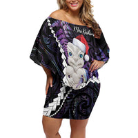 New Zealand Personalised Off Shoulder Short Dress Meri Kirihimete Kowhaiwhai Mix Paua Shell - Amethys LT7 Women Purple - Polynesian Pride