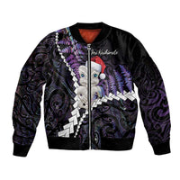 New Zealand Personalised Sleeve Zip Bomber Jacket Meri Kirihimete Kowhaiwhai Mix Paua Shell - Amethys LT7 Unisex Purple - Polynesian Pride