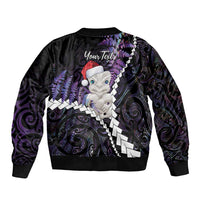 New Zealand Personalised Sleeve Zip Bomber Jacket Meri Kirihimete Kowhaiwhai Mix Paua Shell - Amethys LT7 - Polynesian Pride
